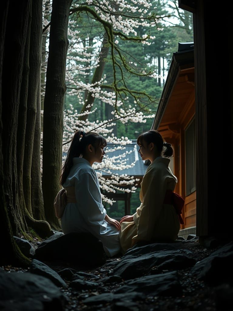 Taisho Era Shrine Secret: Hakama Students in Deep Forest