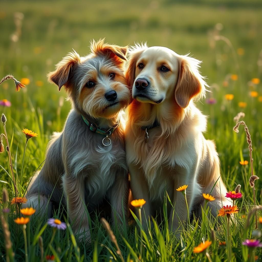 Dogs Affectionately Embrace in a Sunny Meadow