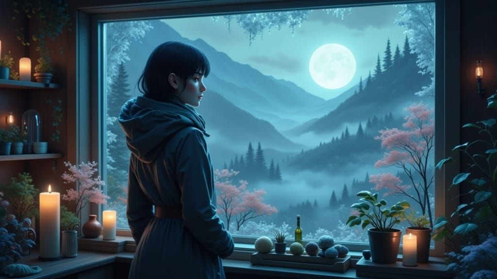 Woman at Misty Window in Ethereal Landscape