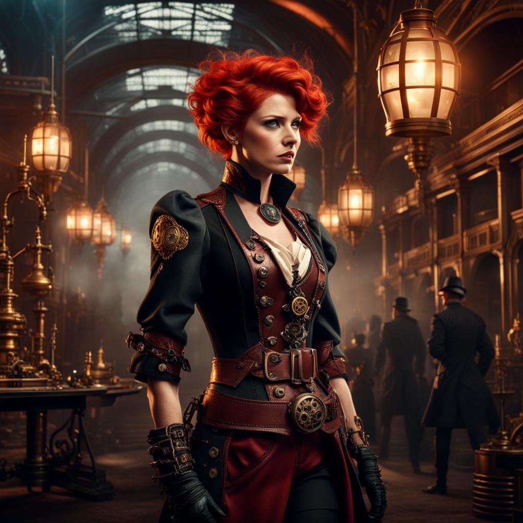 Steampunk Woman in Aggressive Environment: Digital Matte Pai...