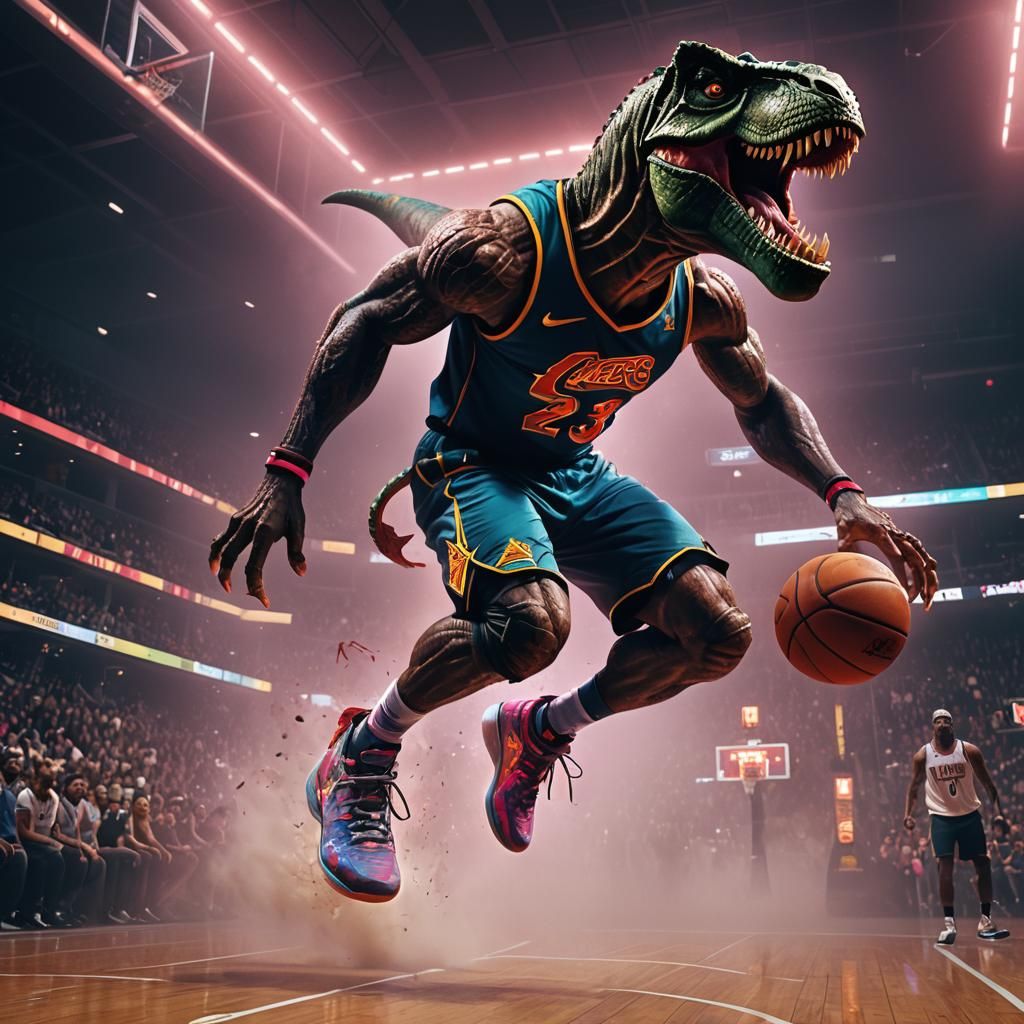 Lebron James as T-Rex Dunking, Digital Illustration