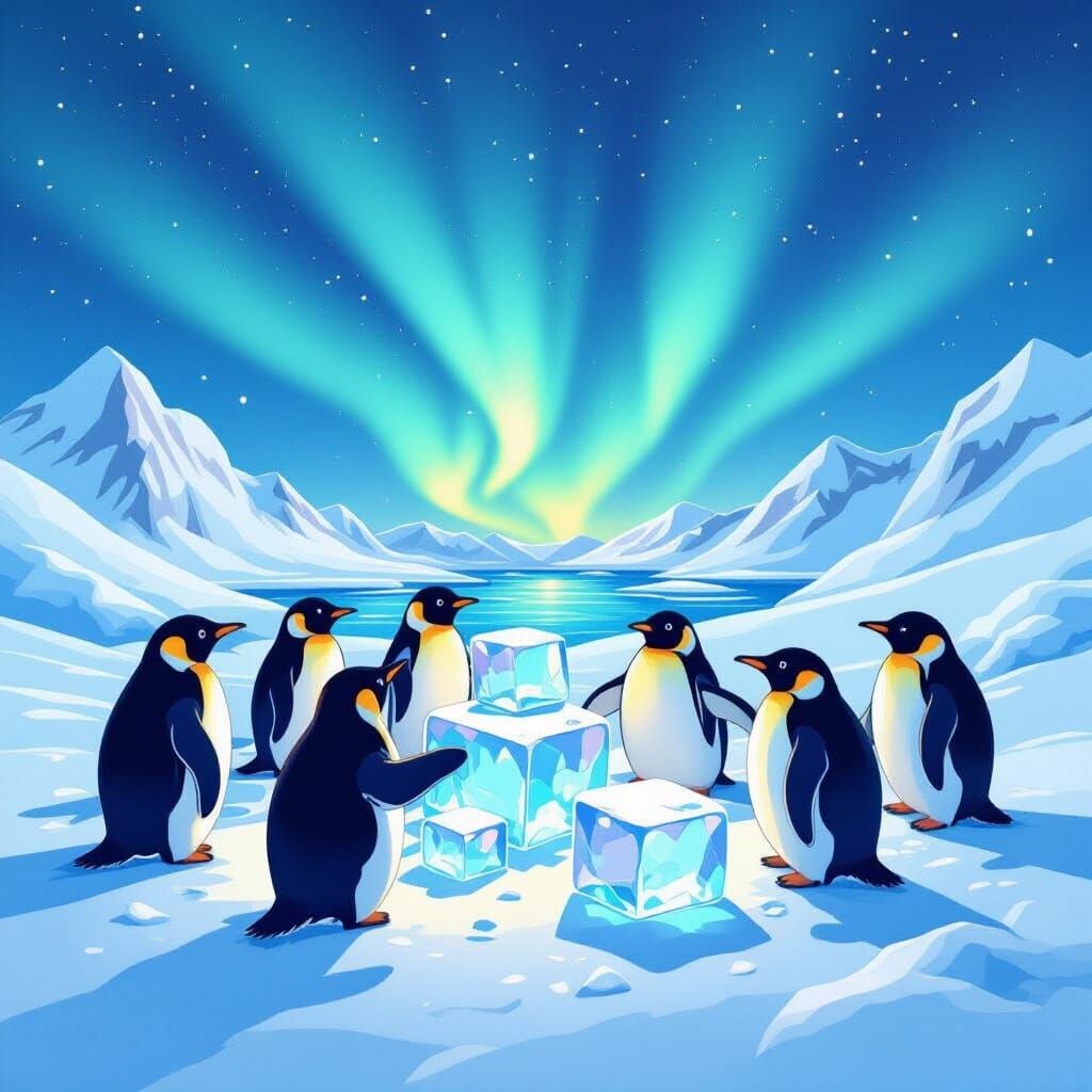 Penguins Play with Ice Cubes Under Aurora Borealis