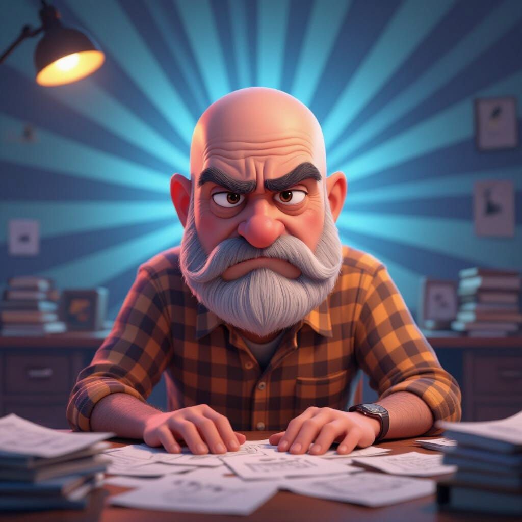 Frustrated Older Man in Study, 3D Digital Art