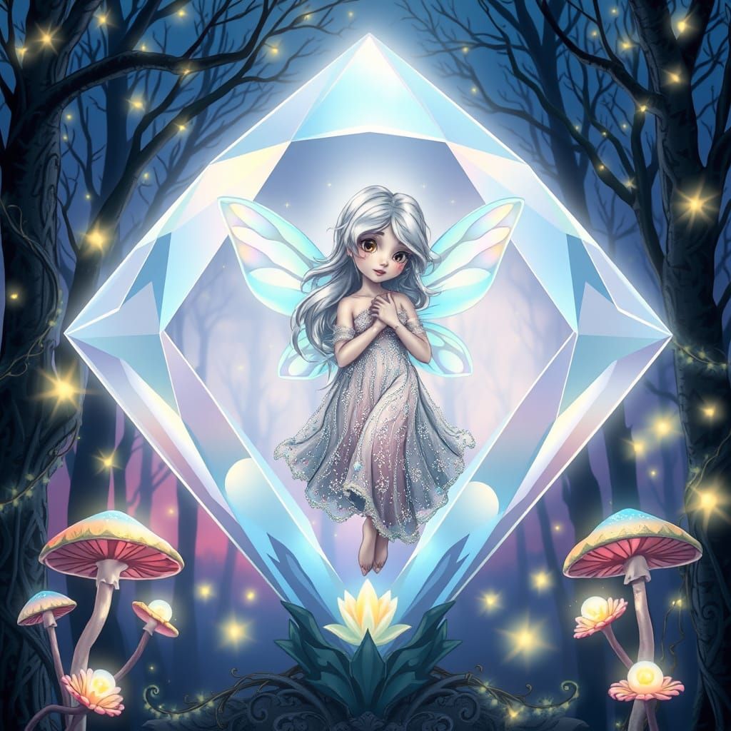 Whimsical Fairy in a Glowing Diamond Amidst a Twilight Fores...