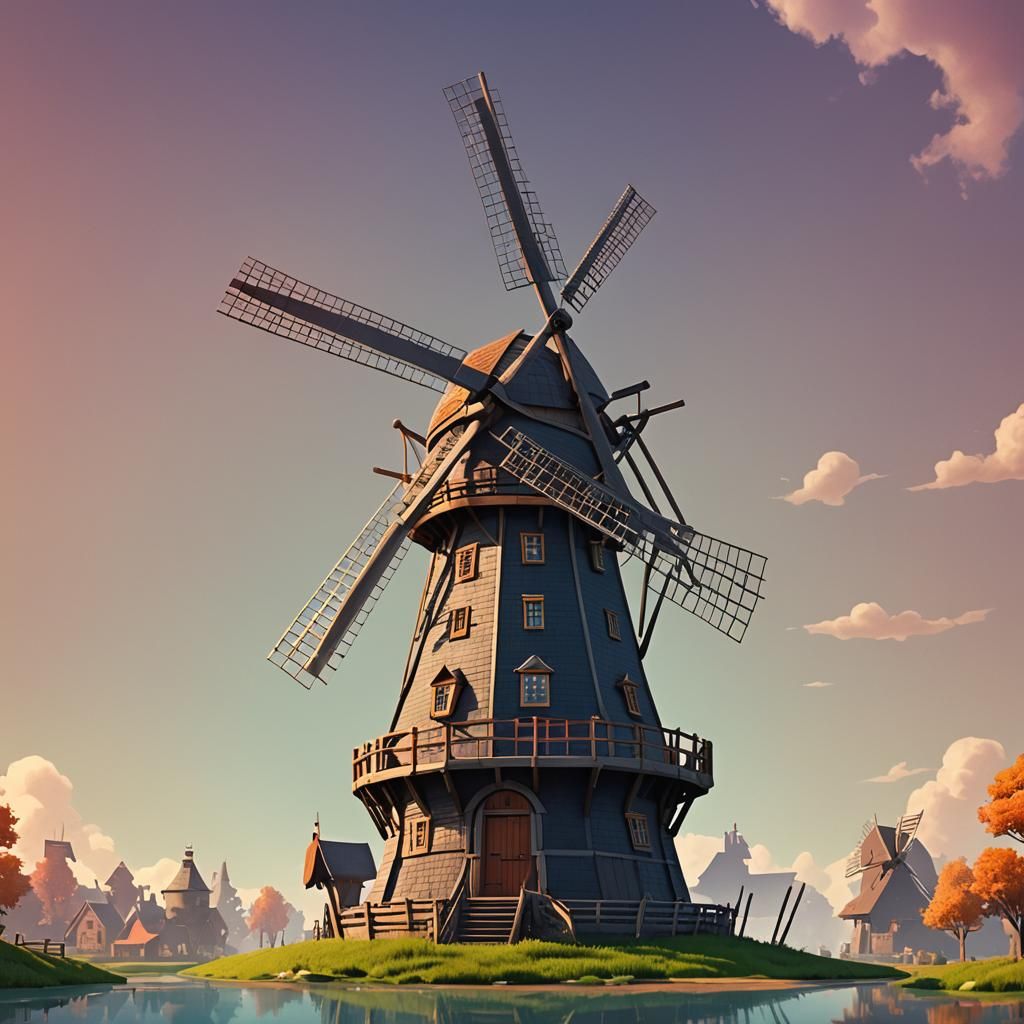 Colorful 3D Dutch Windmill in Pixar Style