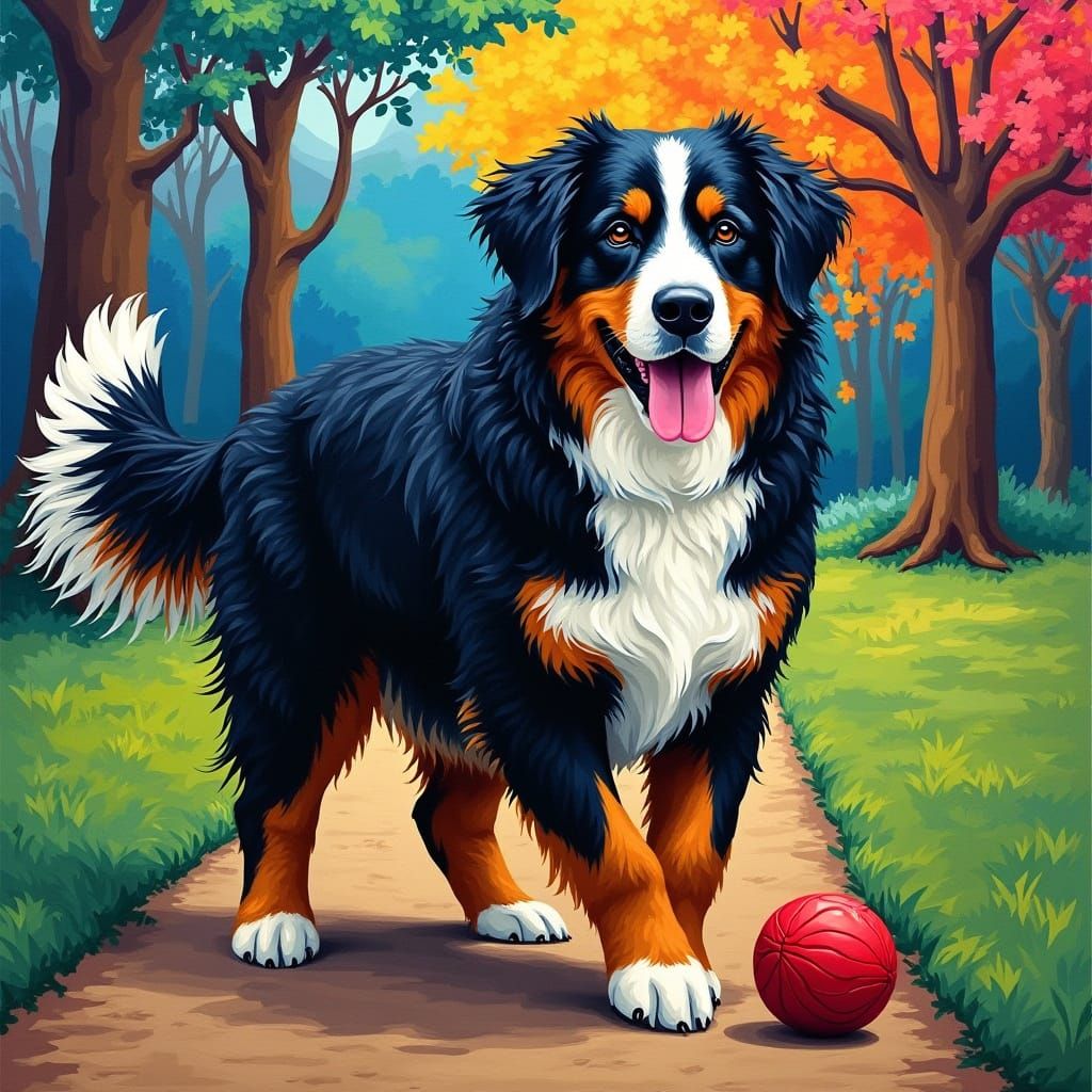 Bernese Mountain Dog Plays with Red Ball in Cubist-Inspired ...