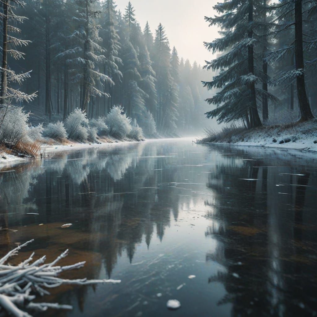 Misty Forest Lake Landscape with Falling Snow