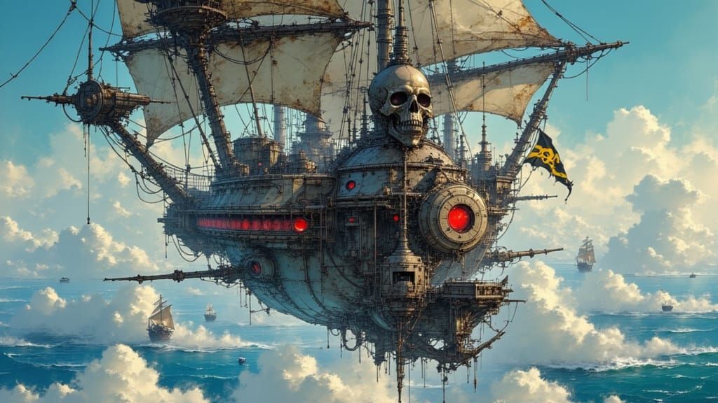 Futuristic Pirate Galleon Soars Above Ocean Armada