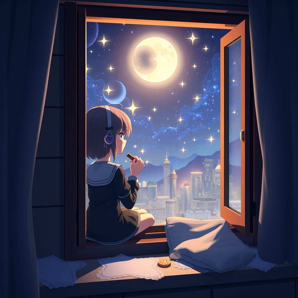 Surreal Anime Scene with Delicate Moonlight and Twinkling St...