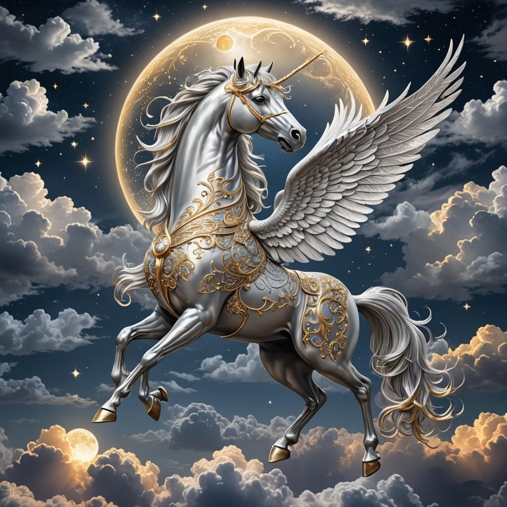 Majestic Silver and Gold Pegasus in Celestial Sky
