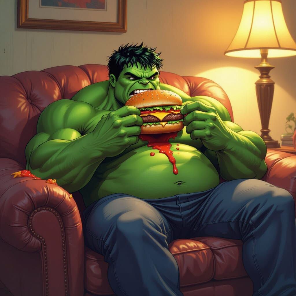 Portly Hulk Relaxes on Couch Eating Messy Burger