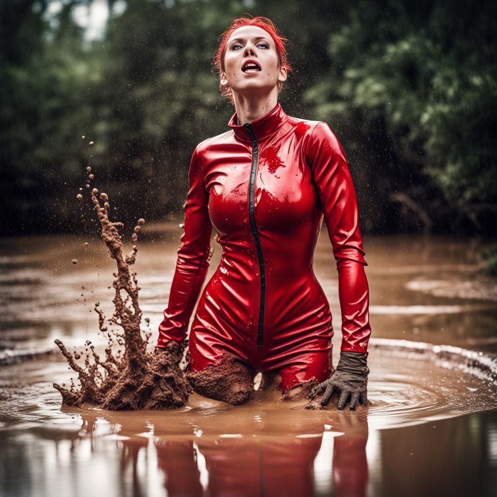 Woman in Red Latex Jumps into Mud