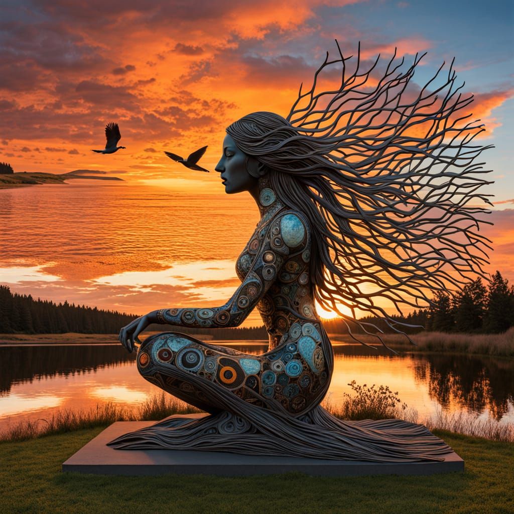 Surreal Fragmented Sculpture of Woman by Sunset