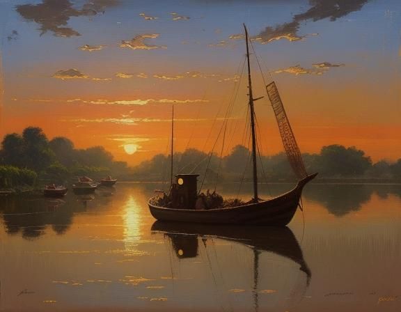 Fisherman on the Brahmaputra River as Matte Oil Painting