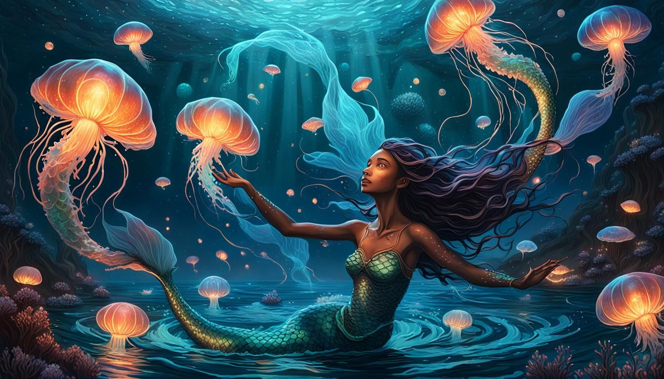 Crystalline Mermaid in Bioluminescent Ocean: Hyperrealistic ...