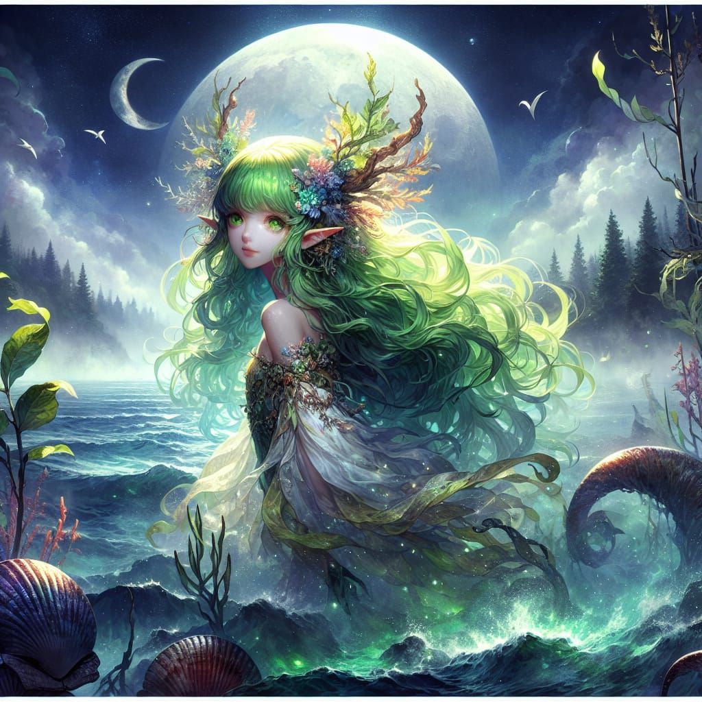 Anime Satyr Mermaid in Foggy Moonlight