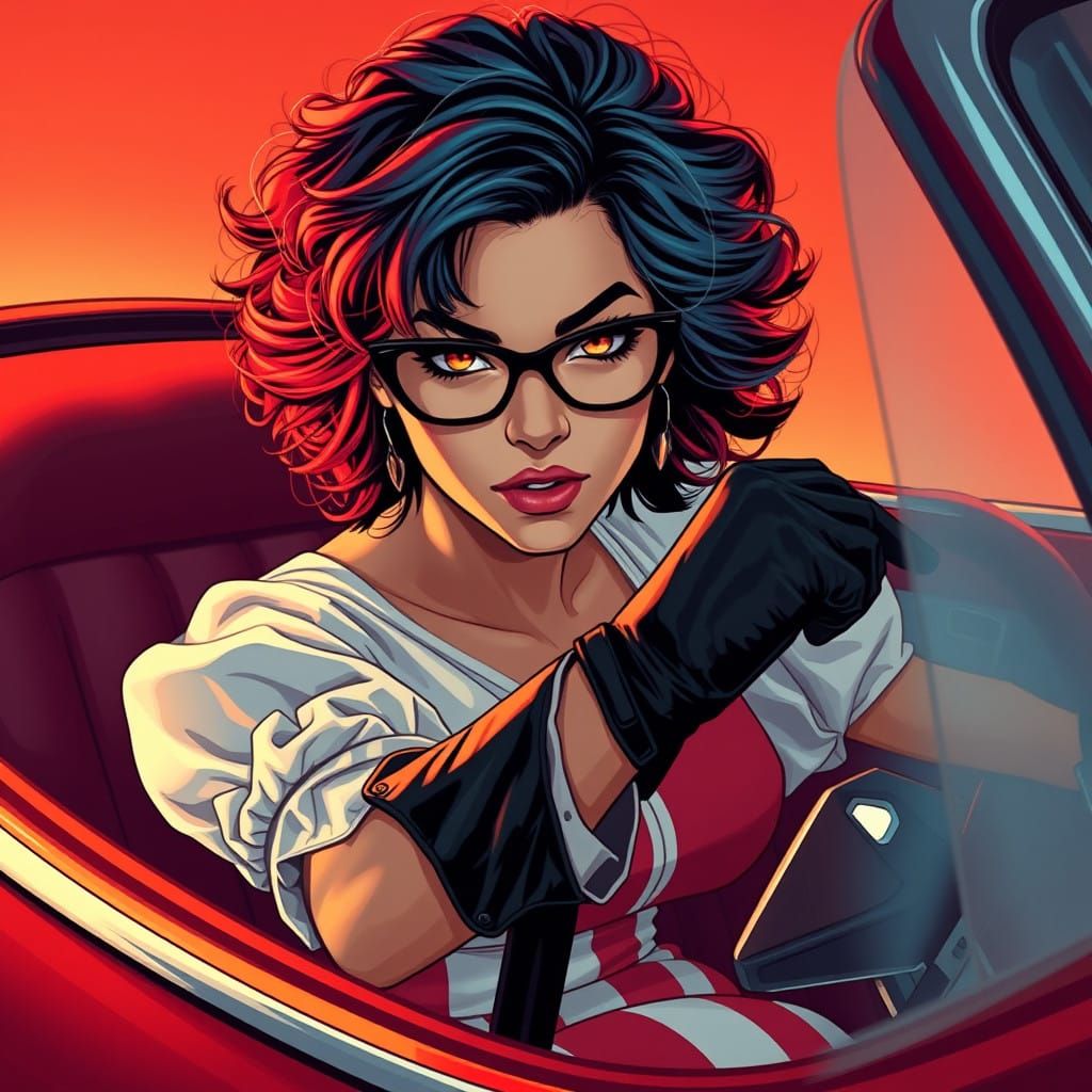 Vibrant Redhead in a Striped Skirt and Leather Gloves