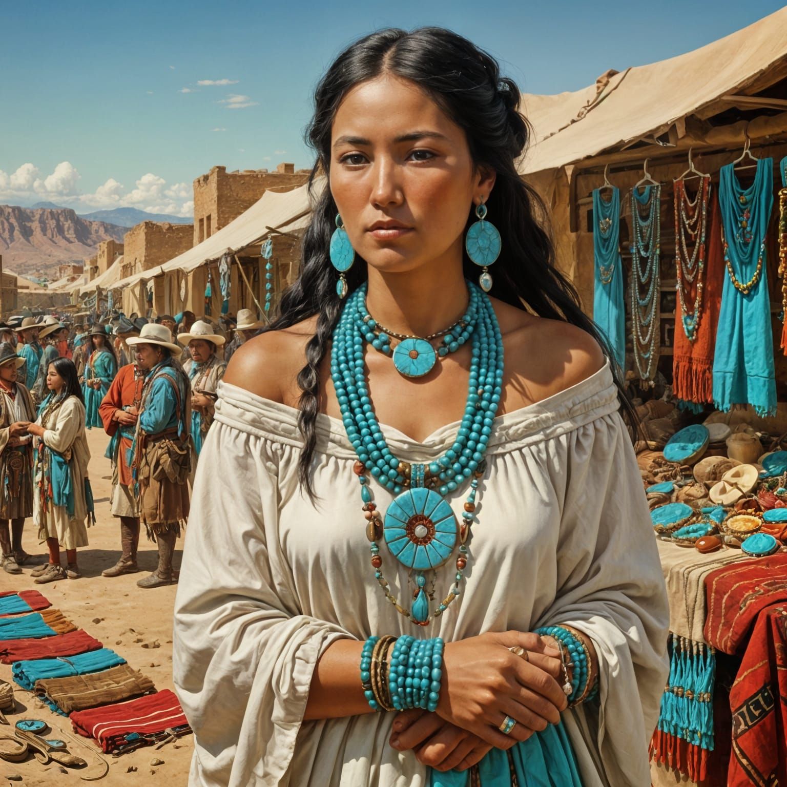 Old West Pueblo Market: Turquoise Jewelry Oil Painting