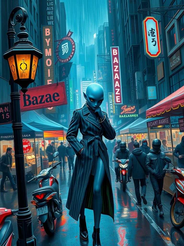 Futuristic Cyberpunk Black Market Scene at Night