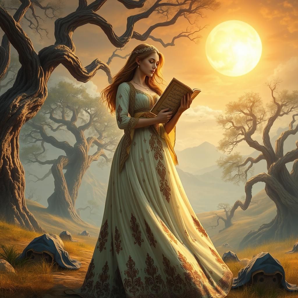 Woman in Persian Gown in Dreamlike Landscape