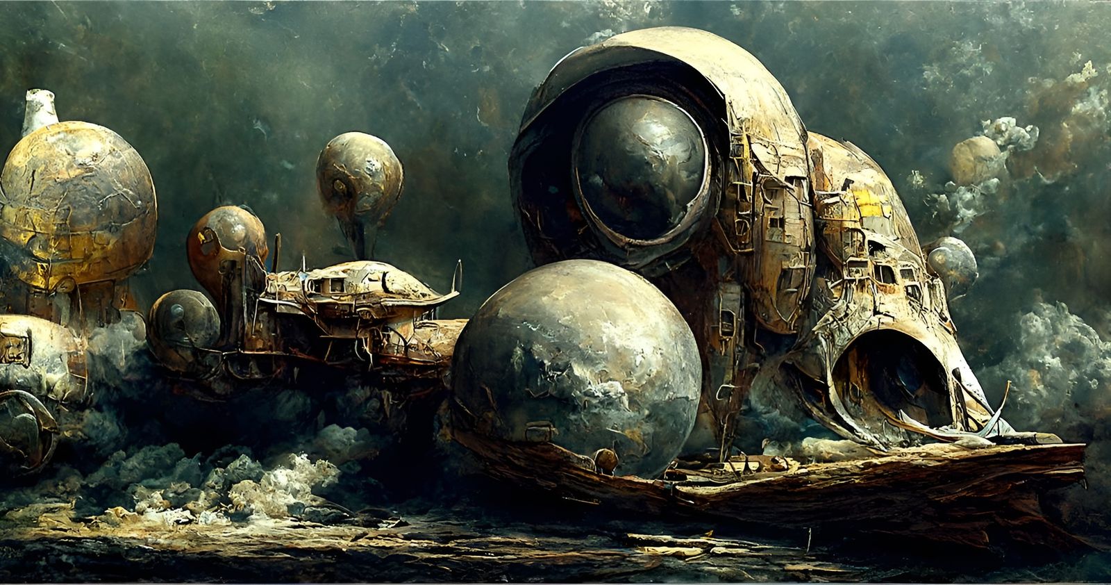Organic Sci-Fi Ships in Dystopian Oil Painting