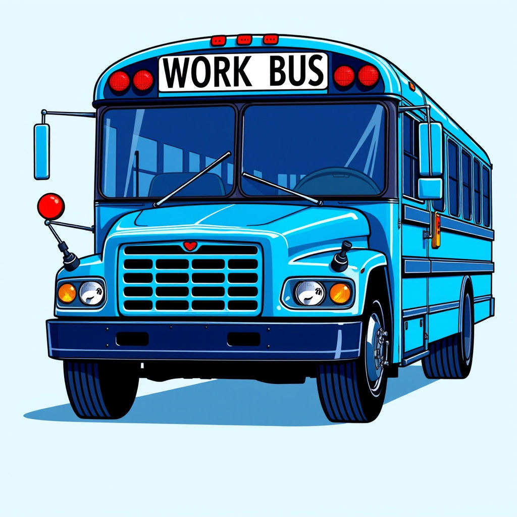 Vibrant Blue 'Work Bus' in Comic Book Art Style