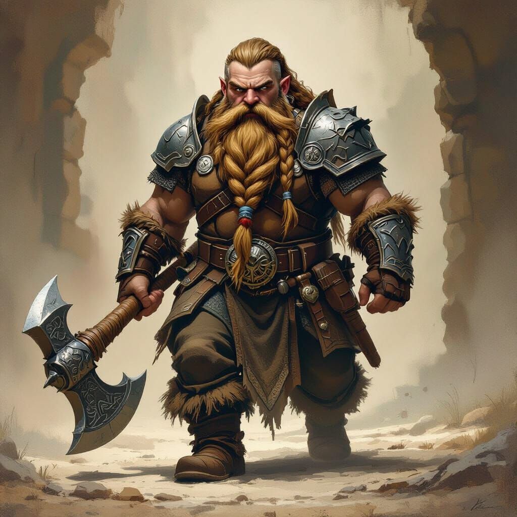 Dwarf Warrior with Axe and Armor, No Helmet