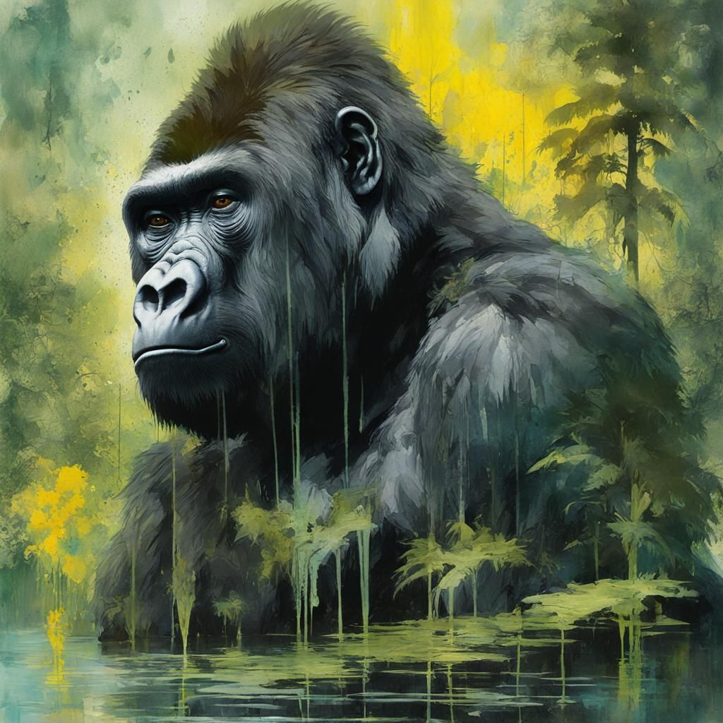 Gorilla Portrait in Double Exposure Watercolour