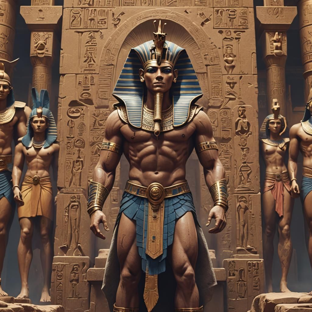 Muscular Pharaoh Statue: Detailed Matte Painting