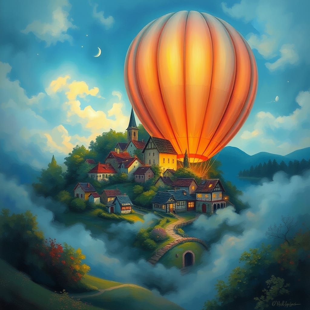 Ethereal Village in Glowing Balloon, Impressionist Style