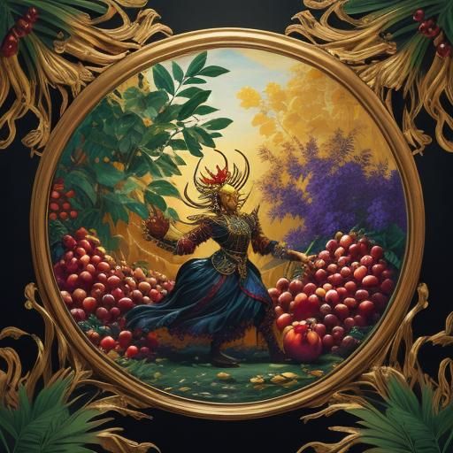 Pomegranate Humanoid Dances in Renaissance Landscape