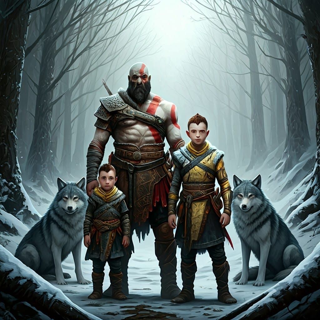 Kratos and Family Stand with Wolves in Enchanted Norse Fores...