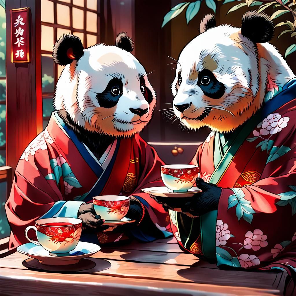 Whimsical Panda and Dragon Tea Ceremony in Anime Style