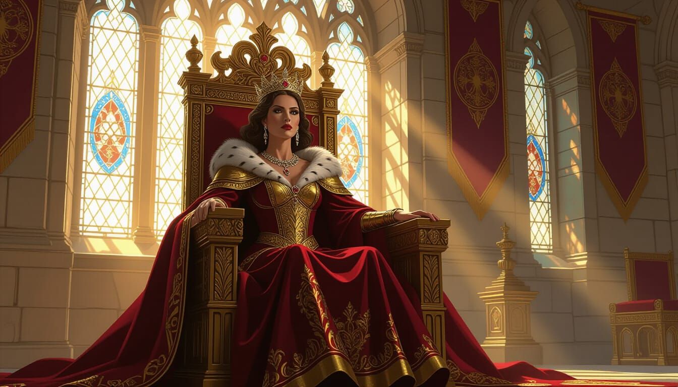 Regal Queen Issuing Decree on Gilded Throne