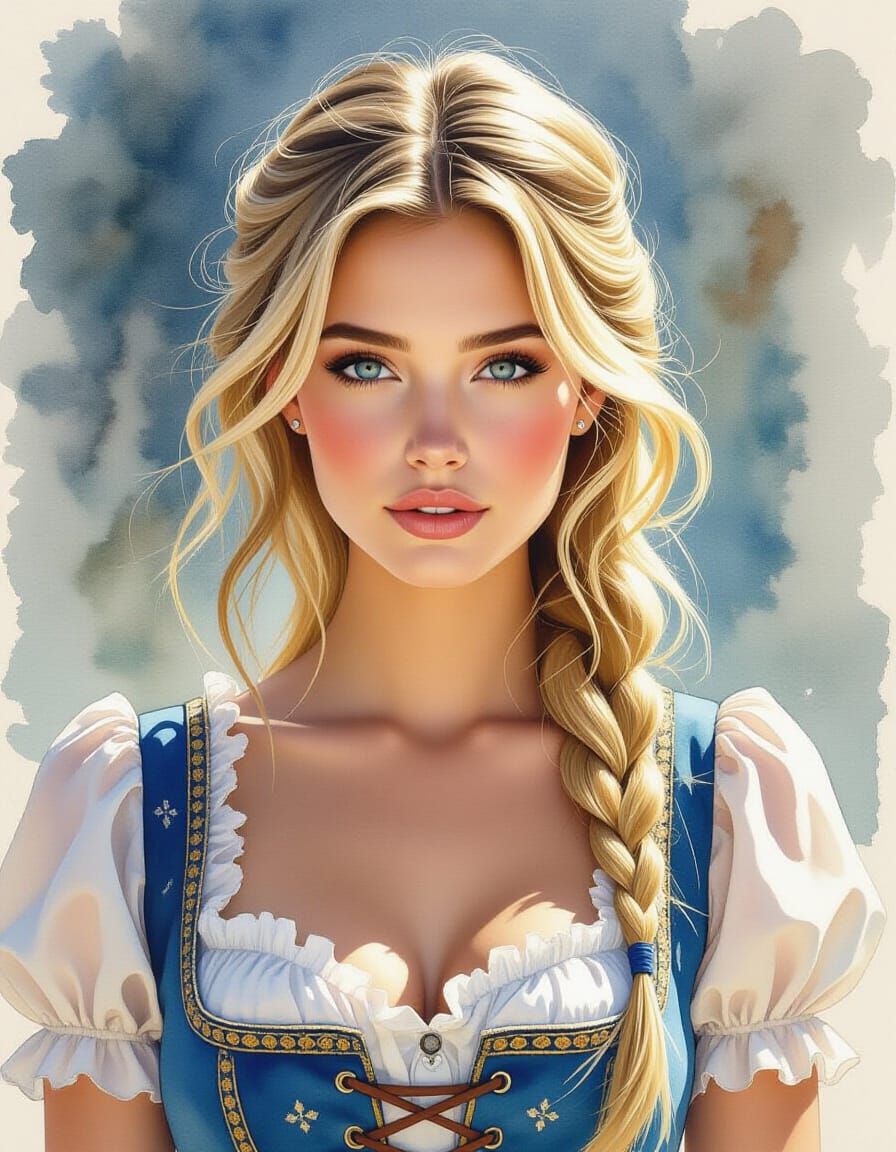 Photorealistic Blonde Woman in Blue Dirndl Watercolor Master...