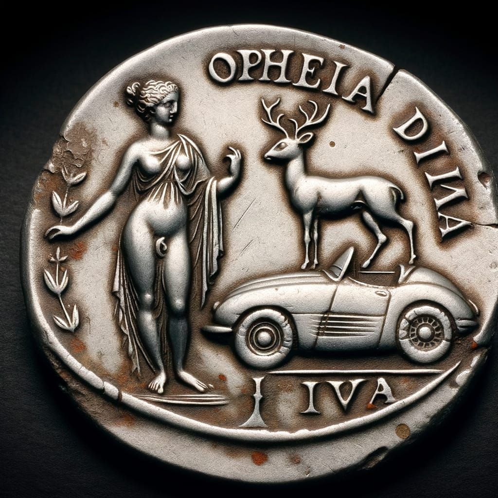 Ancient Roman Goddess Diana with Vintage Roadster