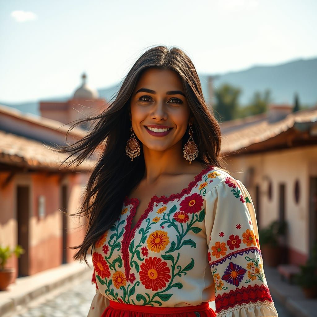 Mexican Woman in Embroidered Dress, Cinematic Portrait