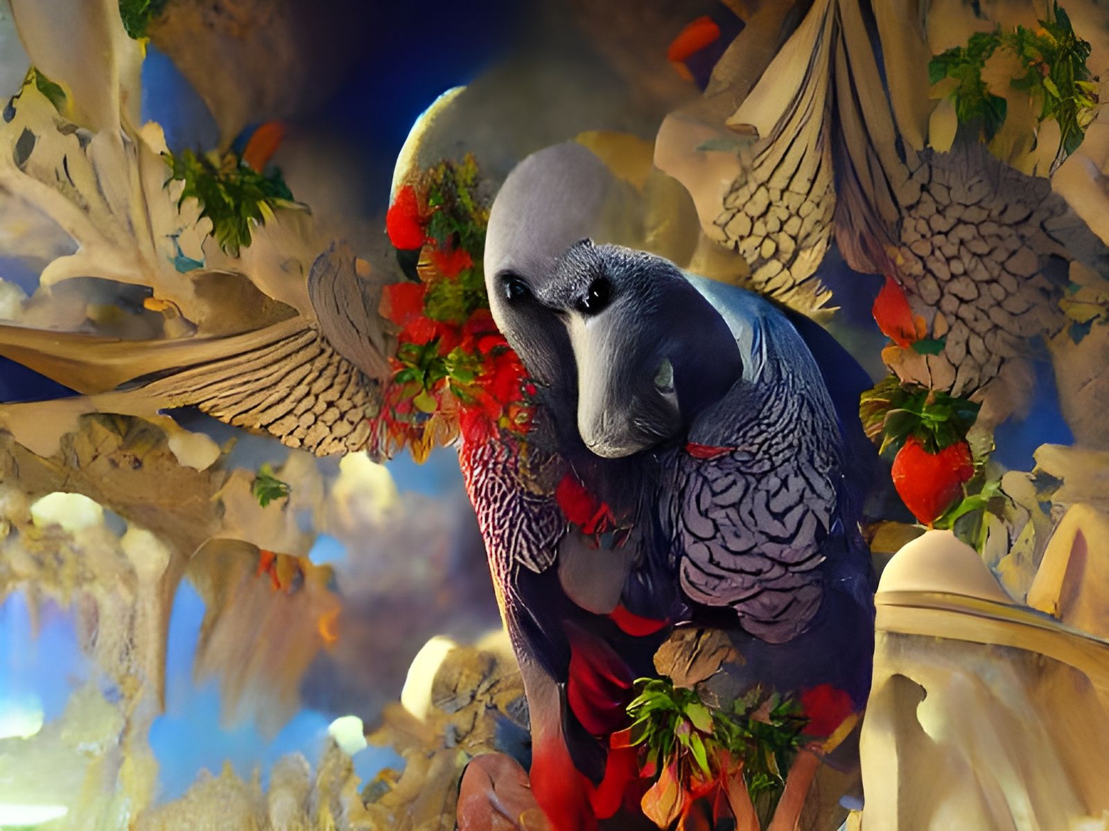 Ornate African Grey Parrot in Dreamlike Style