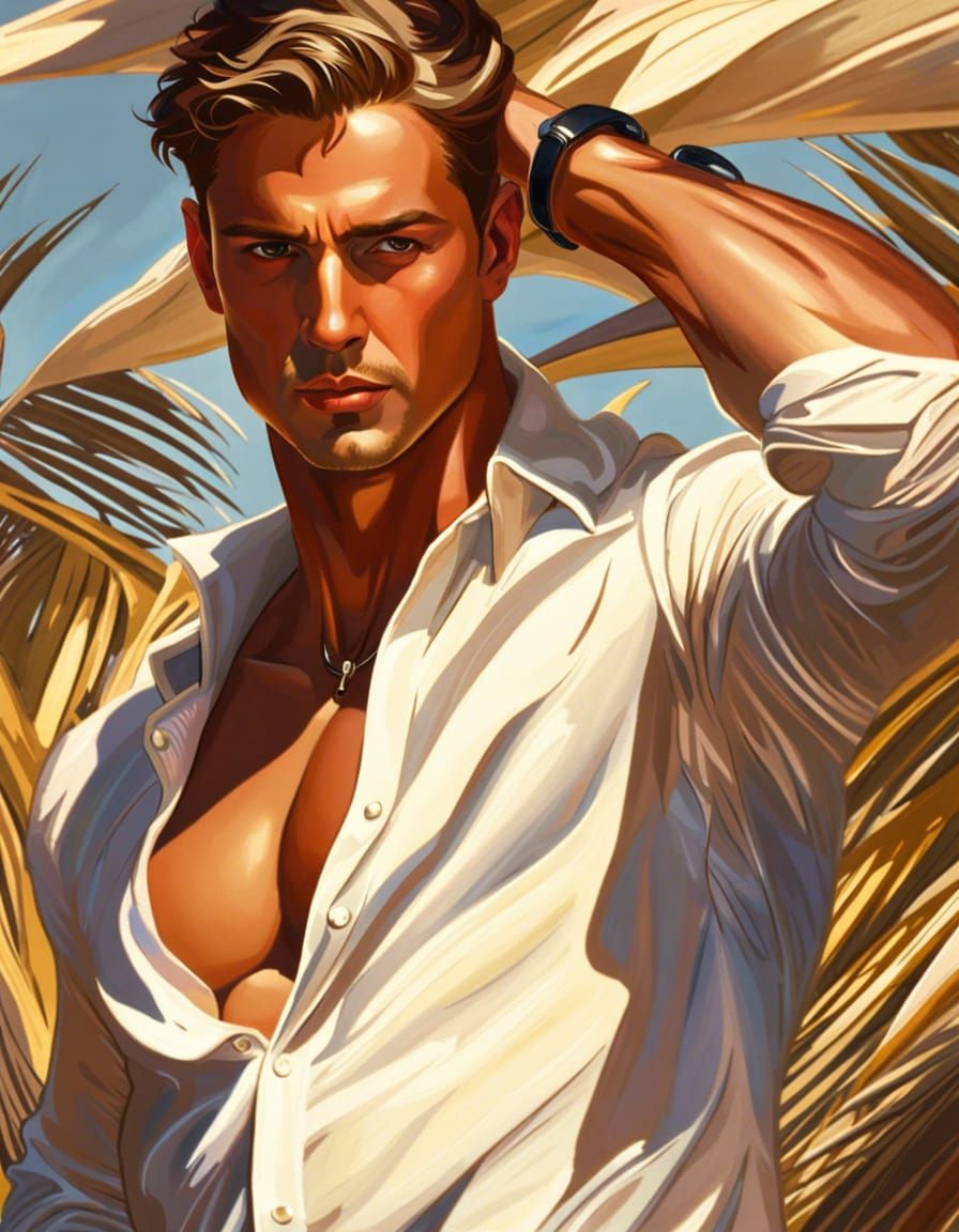 Handsome Man Dancing on Beach: Digital Art