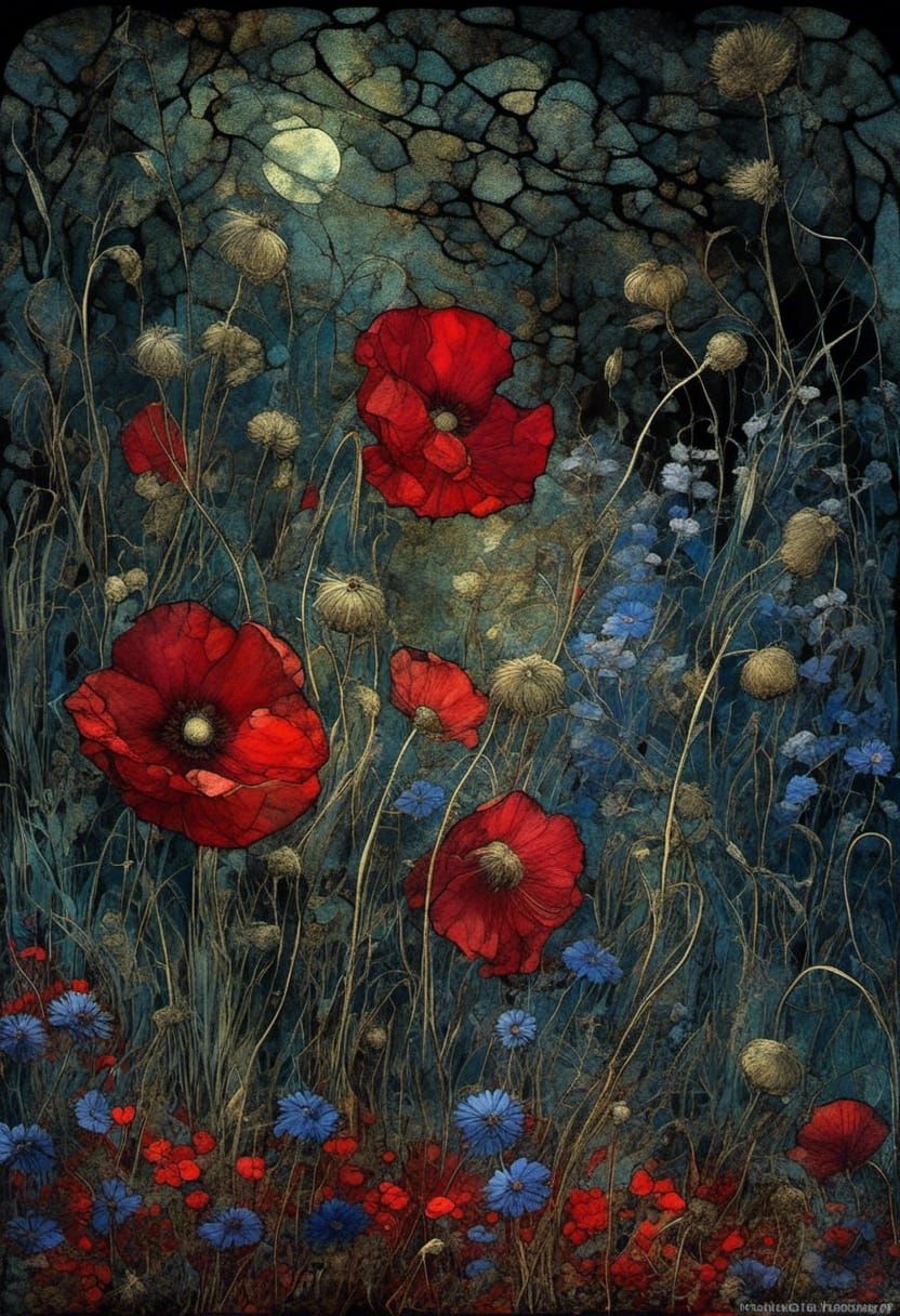 Night Meadow in Stained Glass Style