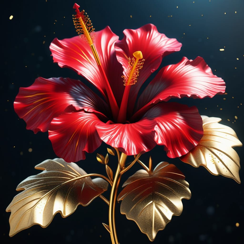 Red Hibiscus with Gold Flakes: Fantasy Concept Art