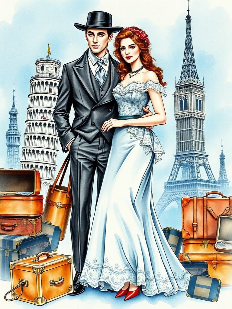 Elegant Couple Amidst Vintage Landmarks in Dreamlike Waterco...