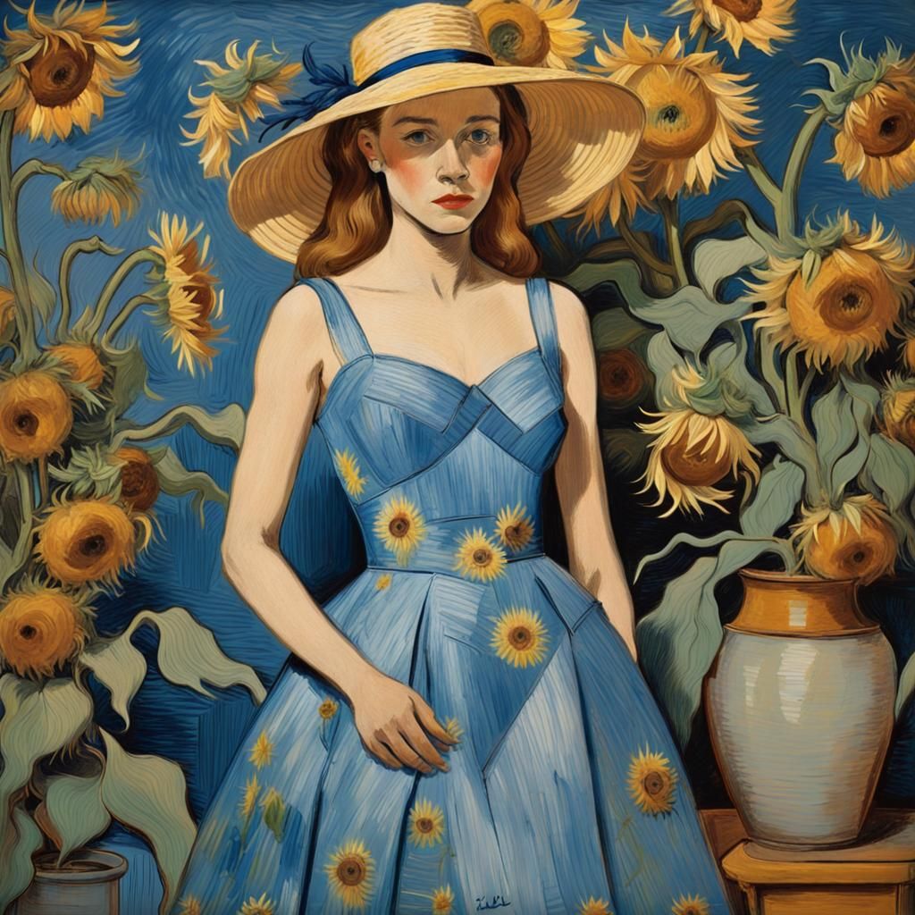 Haute Couture Dress Sketch with Van Gogh Sunflowers