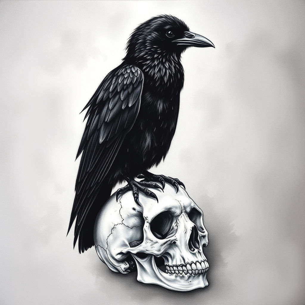 Raven on Skull in Black and White Pastel