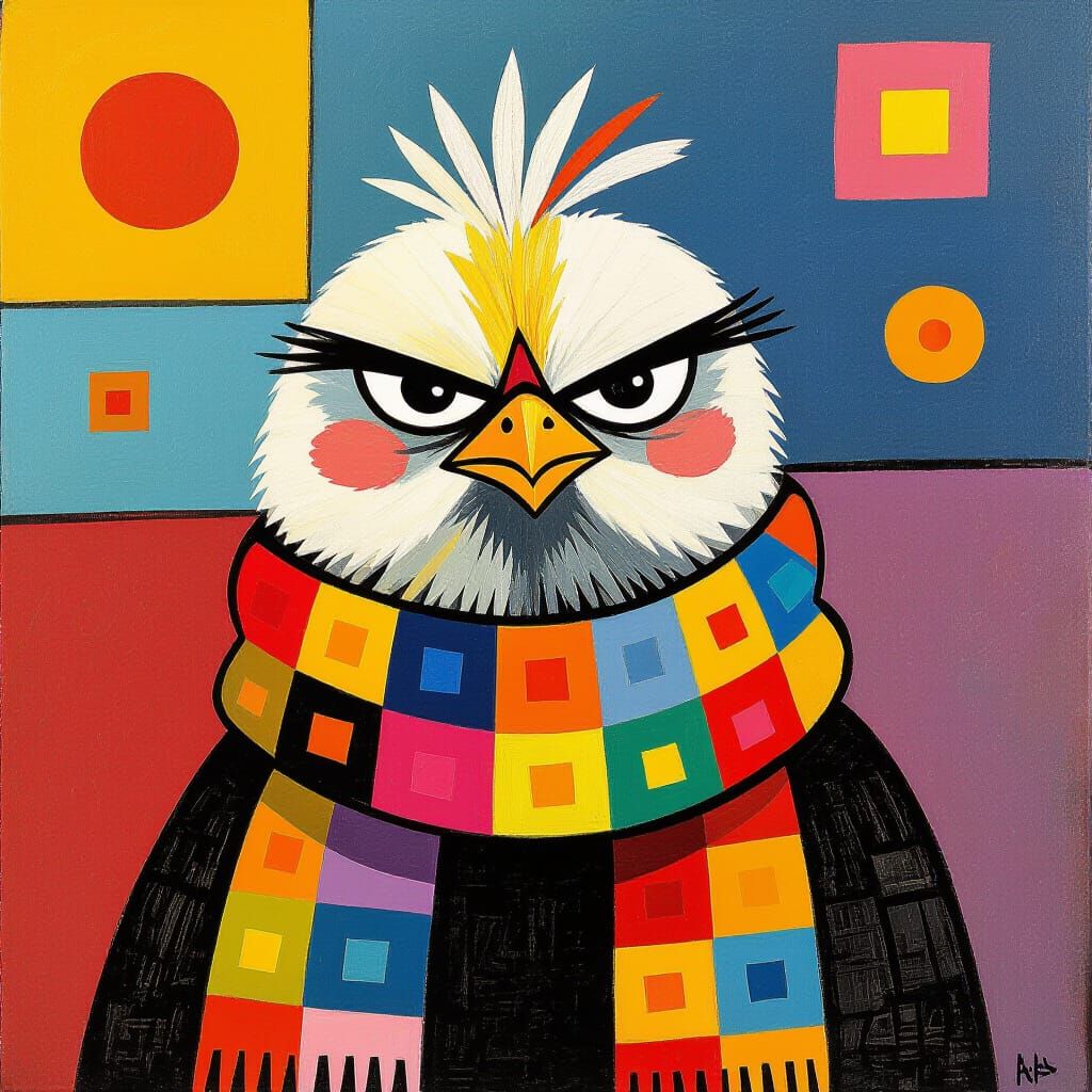 Grumpy Chick with Scarf in Abstract Art Style