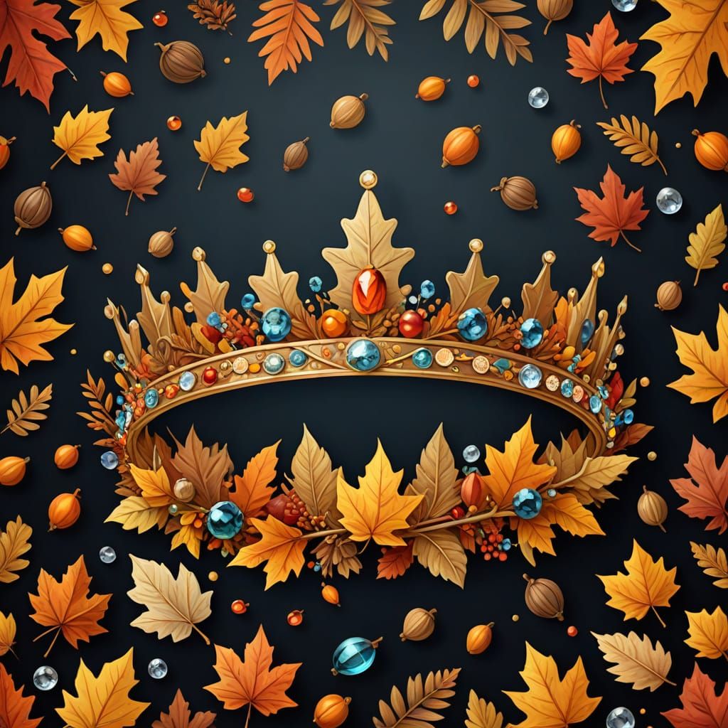 Magical Autumn Royal Crown Adorned with Leaves and Crystals