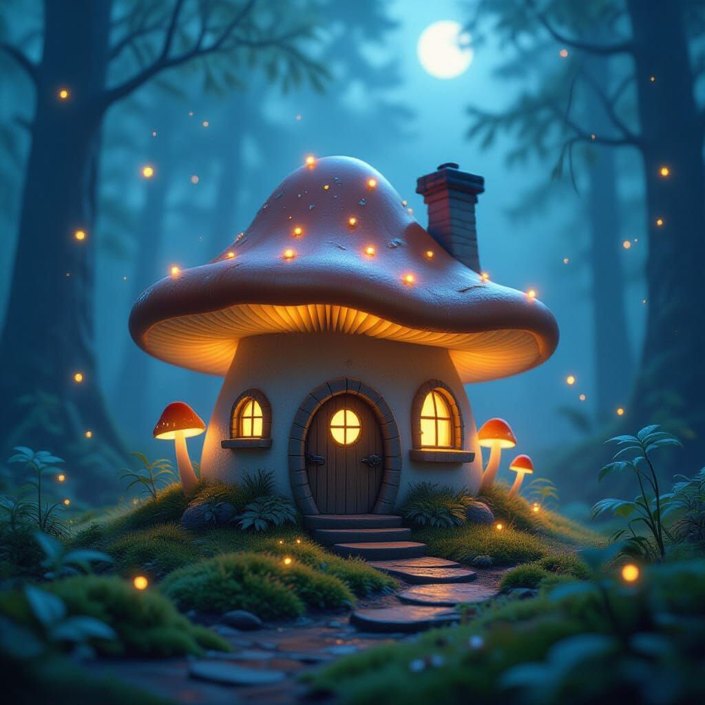 Enchanted Fairy Mushroom House in Bioluminescent Forest