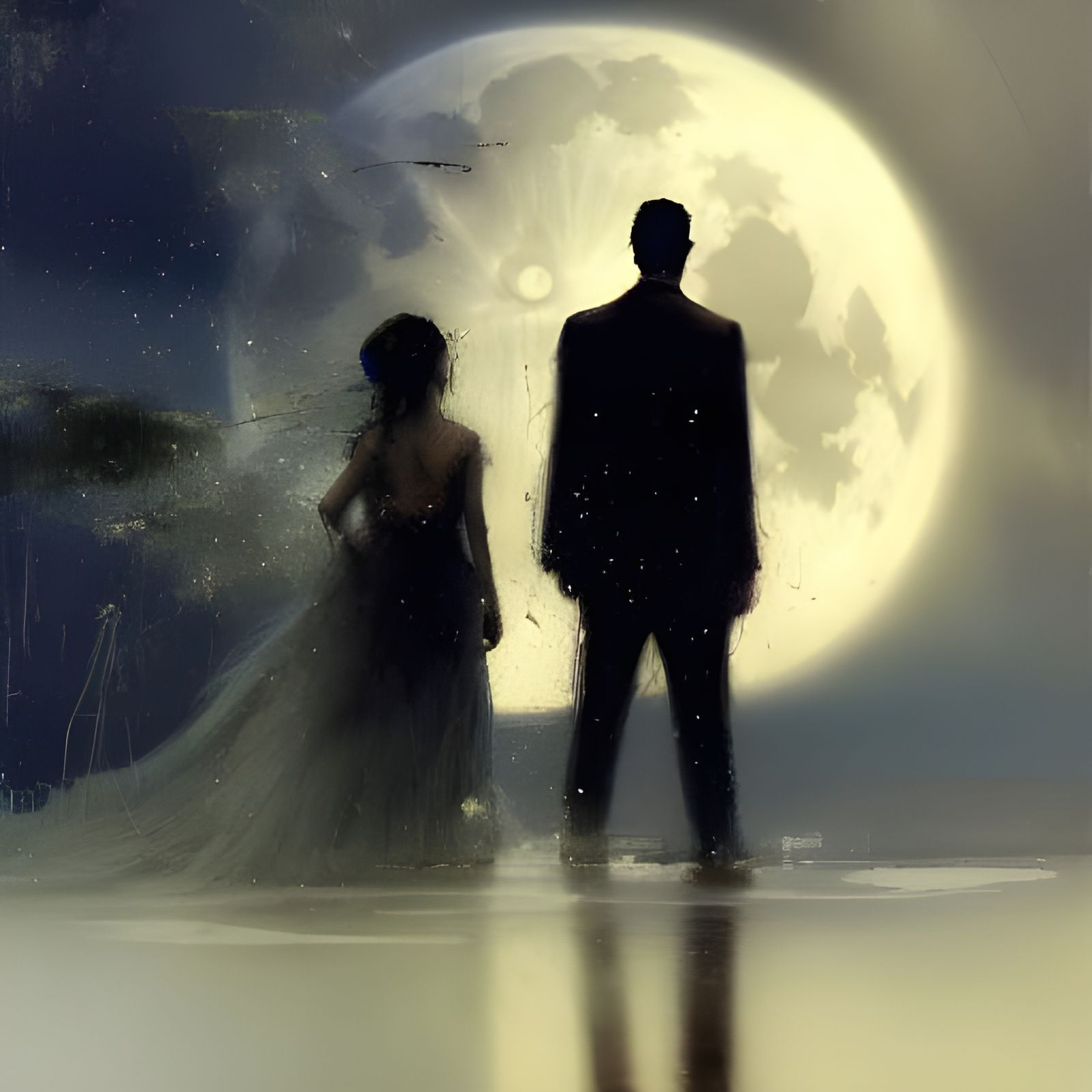 Romantic Moonlight Encounter in Oil Painting Style