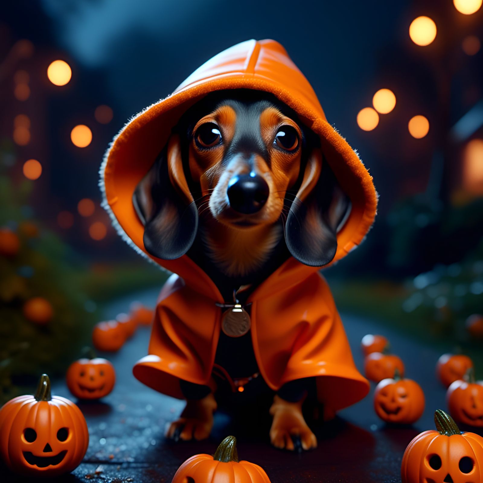 Halloween Dachshund Cartoon in Garden Setting
