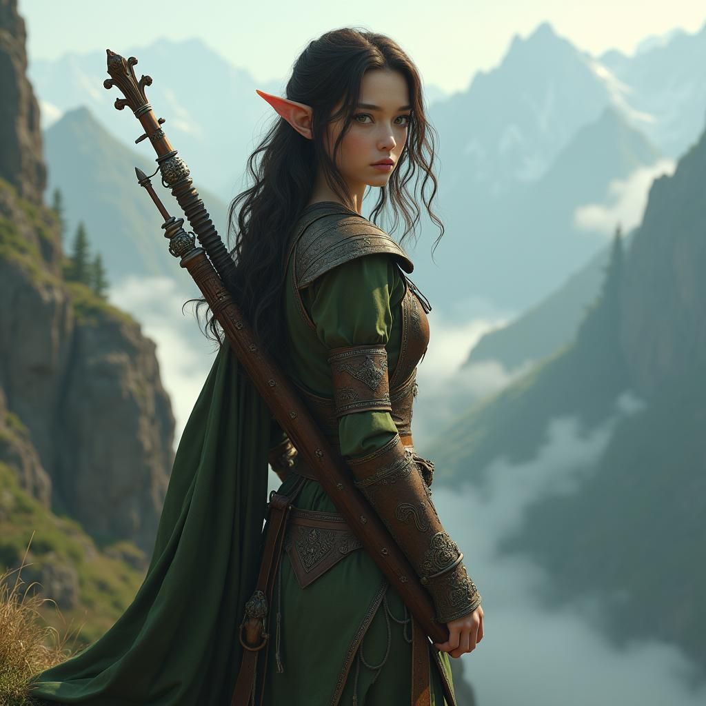 Half-Elf Bard on Cliffside, Dreamlike Landscape